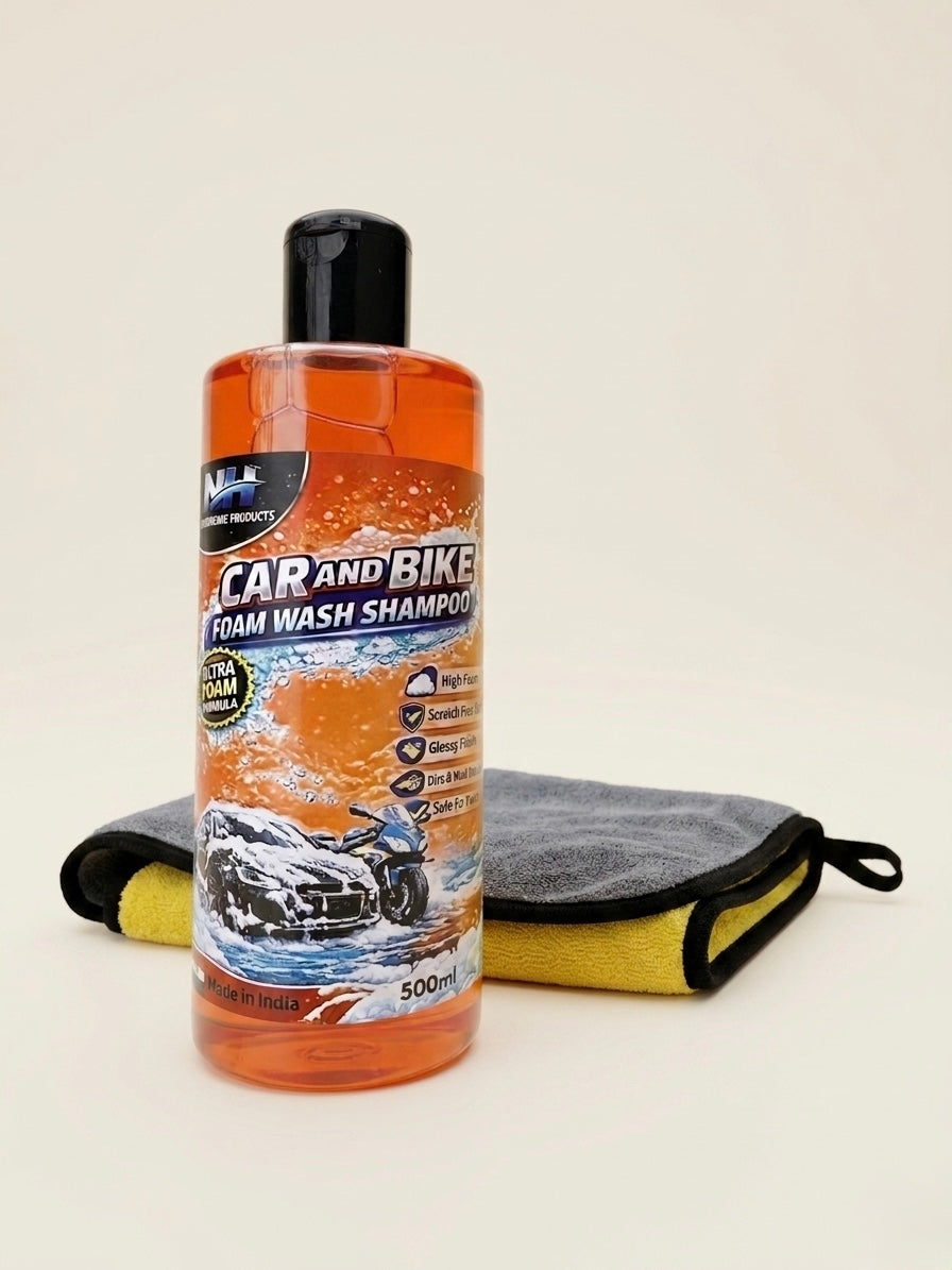 Car and Bike foam wash shampoo 500ml + 600 GSM 40x40cm Microfibre cloth (combo)