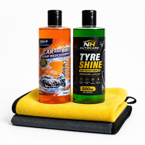 FOAM SHAMPOO 500ml + TYRE SHINE 500ml + 2 MICROFIBRE CLOTH (combo)